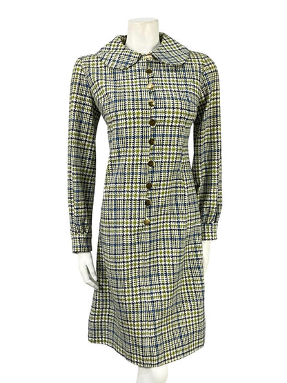 VTG 60S 70S MOD PETER PAN BLUE WHITE GREEN WOOL PLAID SHIFT SHIRT DRESS 12