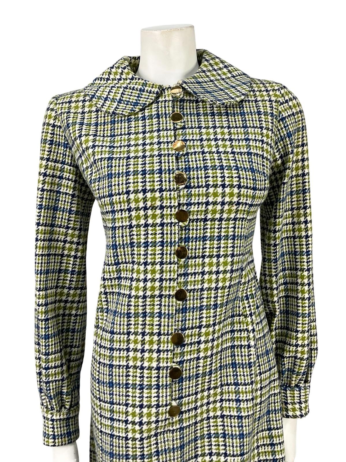 VTG 60S 70S MOD PETER PAN BLUE WHITE GREEN WOOL PLAID SHIFT SHIRT DRESS 12
