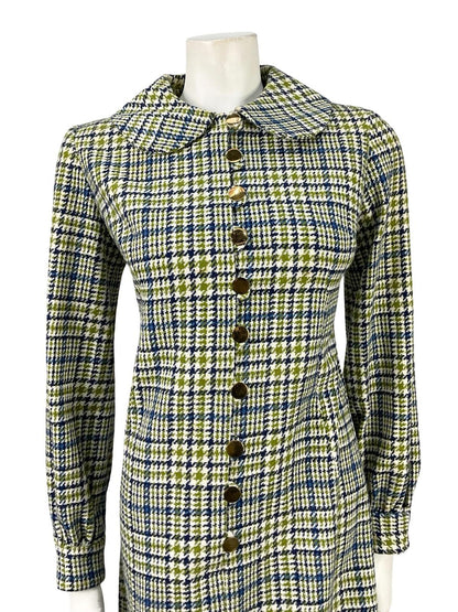 VTG 60S 70S MOD PETER PAN BLUE WHITE GREEN WOOL PLAID SHIFT SHIRT DRESS 12
