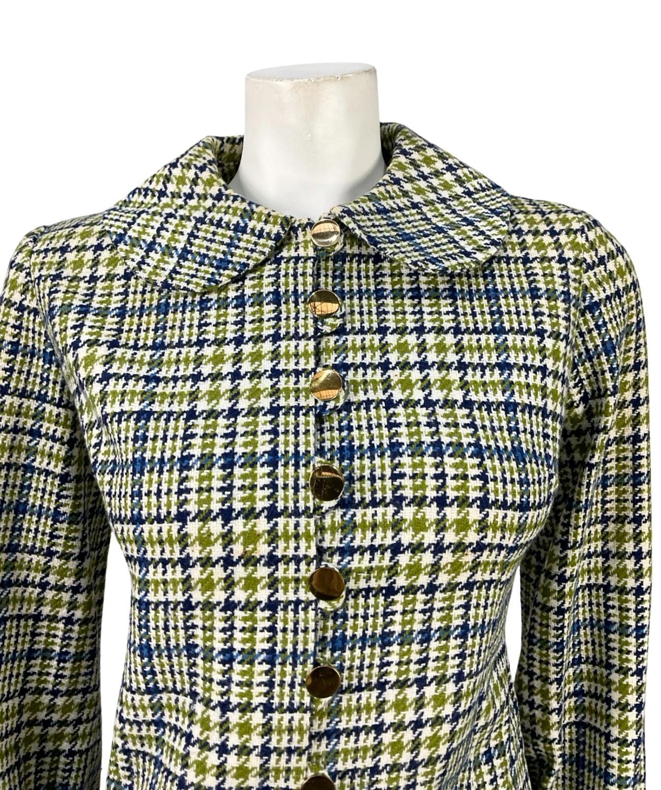 VTG 60S 70S MOD PETER PAN BLUE WHITE GREEN WOOL PLAID SHIFT SHIRT DRESS 12