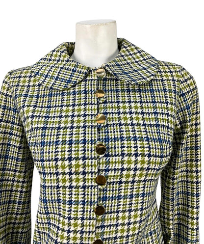 VTG 60S 70S MOD PETER PAN BLUE WHITE GREEN WOOL PLAID SHIFT SHIRT DRESS 12
