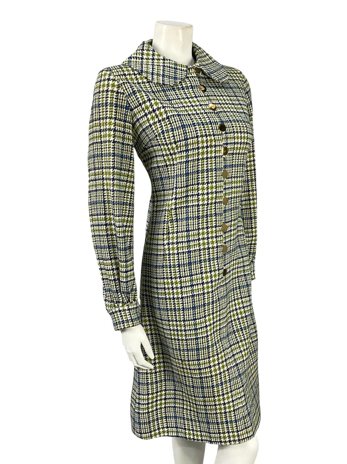 VTG 60S 70S MOD PETER PAN BLUE WHITE GREEN WOOL PLAID SHIFT SHIRT DRESS 12