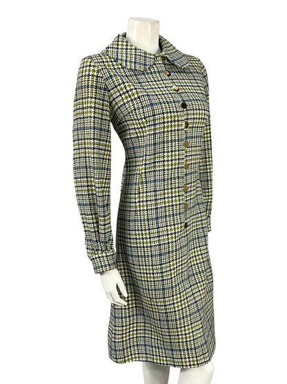 VTG 60S 70S MOD PETER PAN BLUE WHITE GREEN WOOL PLAID SHIFT SHIRT DRESS 12