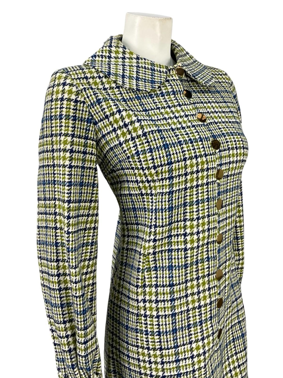 VTG 60S 70S MOD PETER PAN BLUE WHITE GREEN WOOL PLAID SHIFT SHIRT DRESS 12