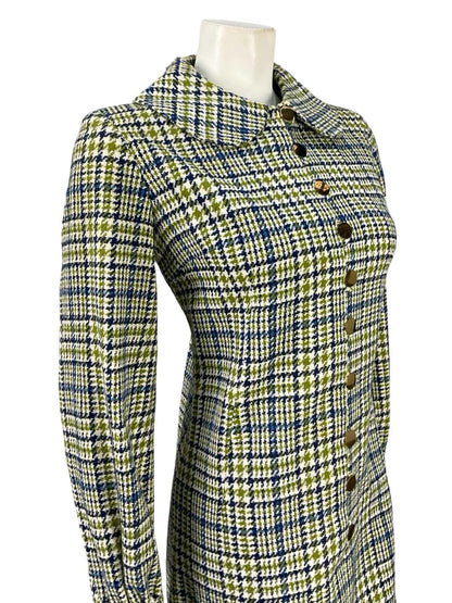 VTG 60S 70S MOD PETER PAN BLUE WHITE GREEN WOOL PLAID SHIFT SHIRT DRESS 12