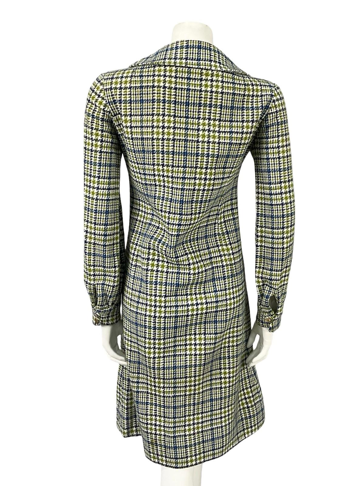 VTG 60S 70S MOD PETER PAN BLUE WHITE GREEN WOOL PLAID SHIFT SHIRT DRESS 12