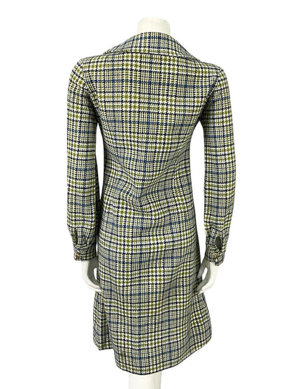 VTG 60S 70S MOD PETER PAN BLUE WHITE GREEN WOOL PLAID SHIFT SHIRT DRESS 12