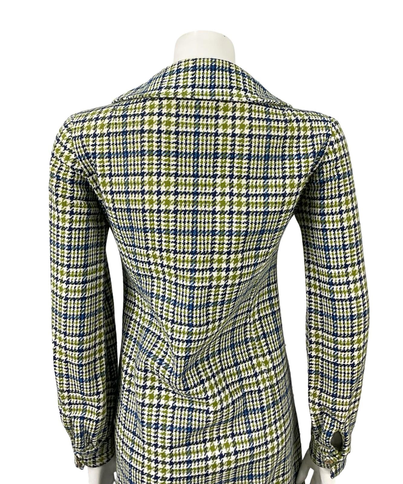 VTG 60S 70S MOD PETER PAN BLUE WHITE GREEN WOOL PLAID SHIFT SHIRT DRESS 12