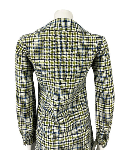 VTG 60S 70S MOD PETER PAN BLUE WHITE GREEN WOOL PLAID SHIFT SHIRT DRESS 12