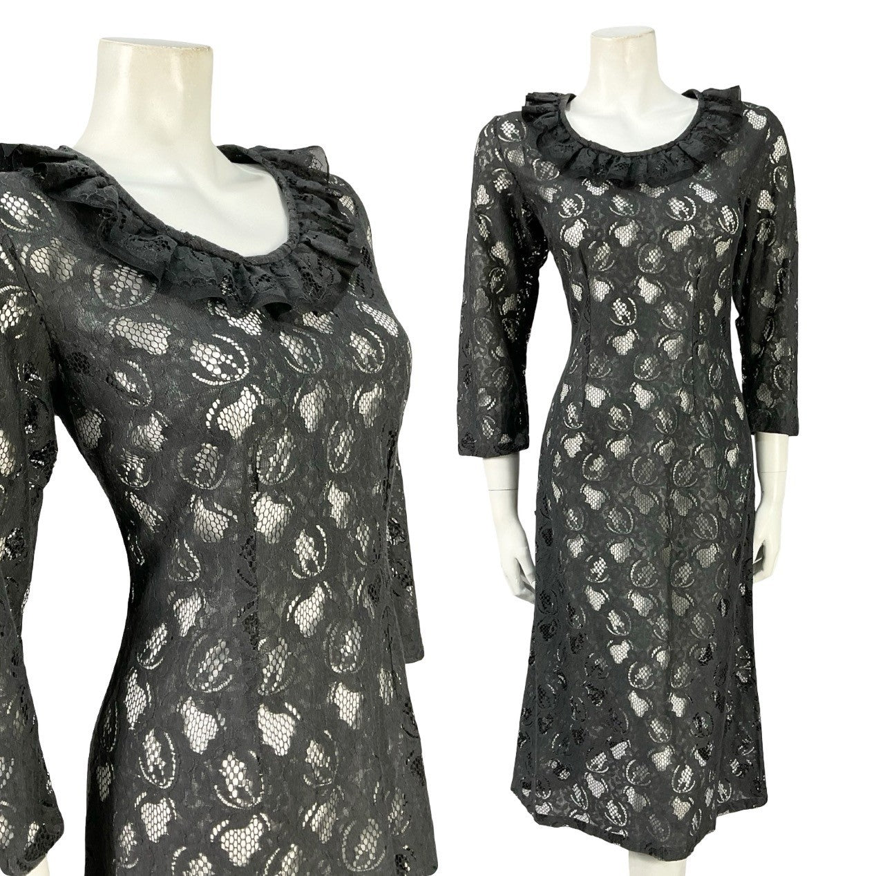 Mannequin wears an all black lace mini party dress, with cropped sleeves and a ruffled round neckline. 