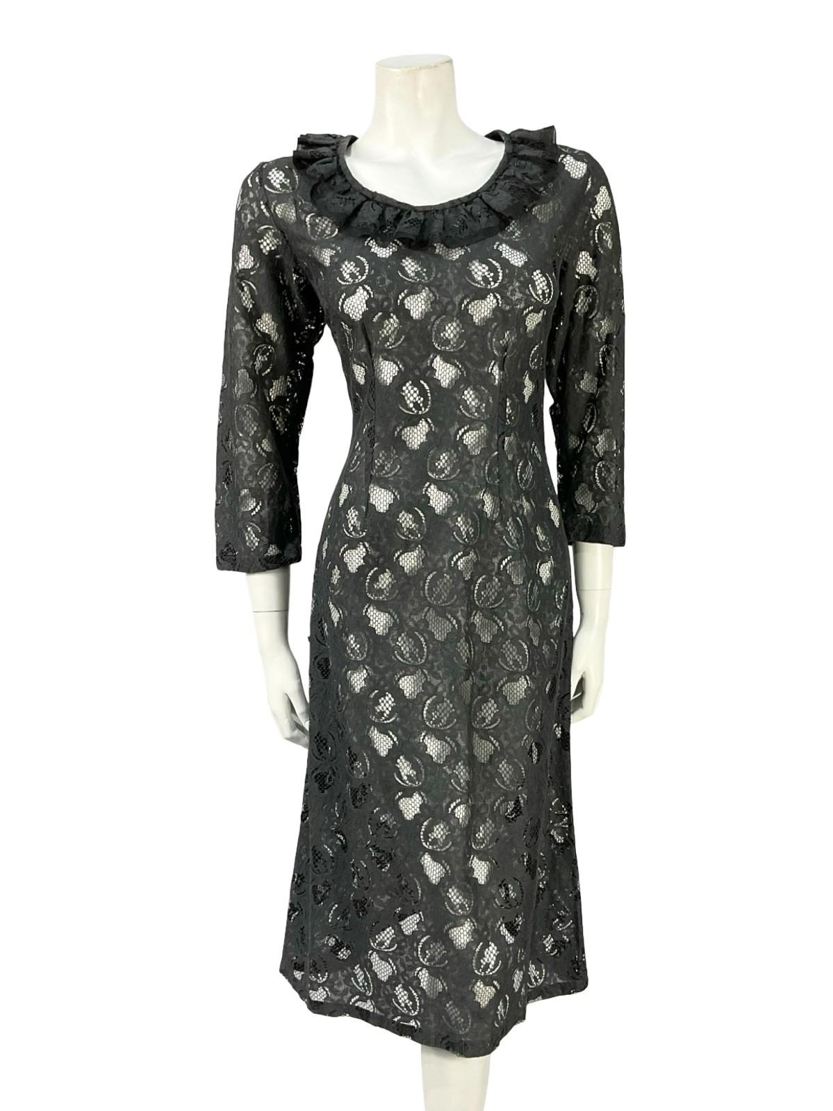 VTG 60S 70S BLACK MONOCHROME MOD RUFFLE LACE CROP SLEEVE MIDI DRESS 12