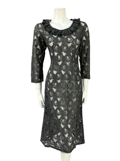 VTG 60S 70S BLACK MONOCHROME MOD RUFFLE LACE CROP SLEEVE MIDI DRESS 12