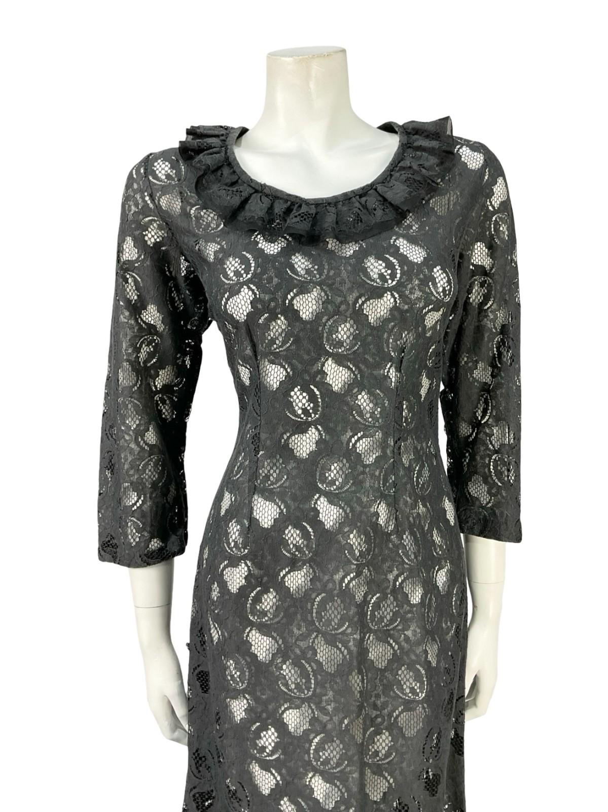 VTG 60S 70S BLACK MONOCHROME MOD RUFFLE LACE CROP SLEEVE MIDI DRESS 12