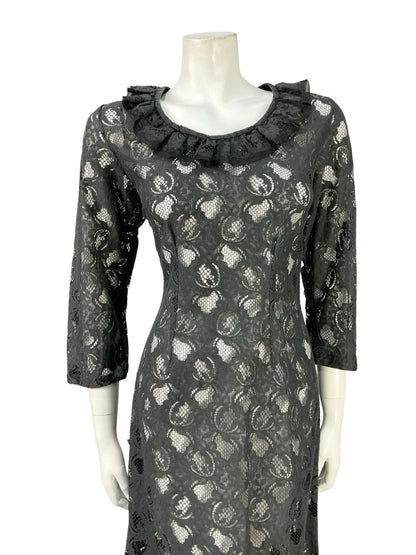 VTG 60S 70S BLACK MONOCHROME MOD RUFFLE LACE CROP SLEEVE MIDI DRESS 12