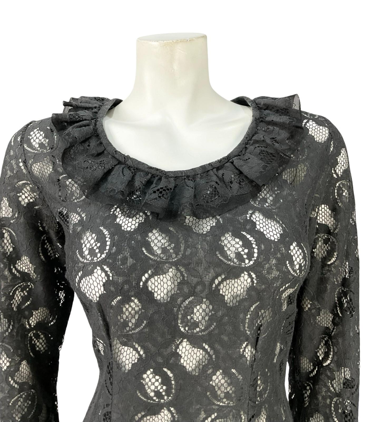 VTG 60S 70S BLACK MONOCHROME MOD RUFFLE LACE CROP SLEEVE MIDI DRESS 12