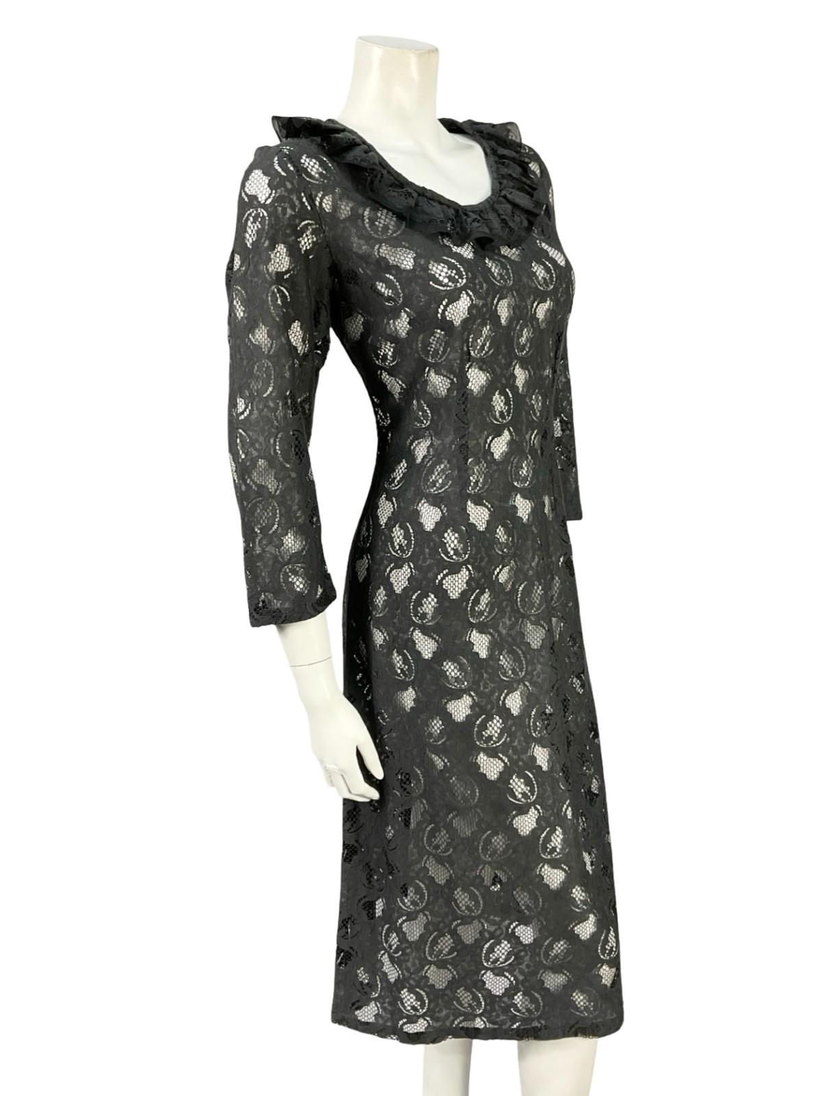 VTG 60S 70S BLACK MONOCHROME MOD RUFFLE LACE CROP SLEEVE MIDI DRESS 12