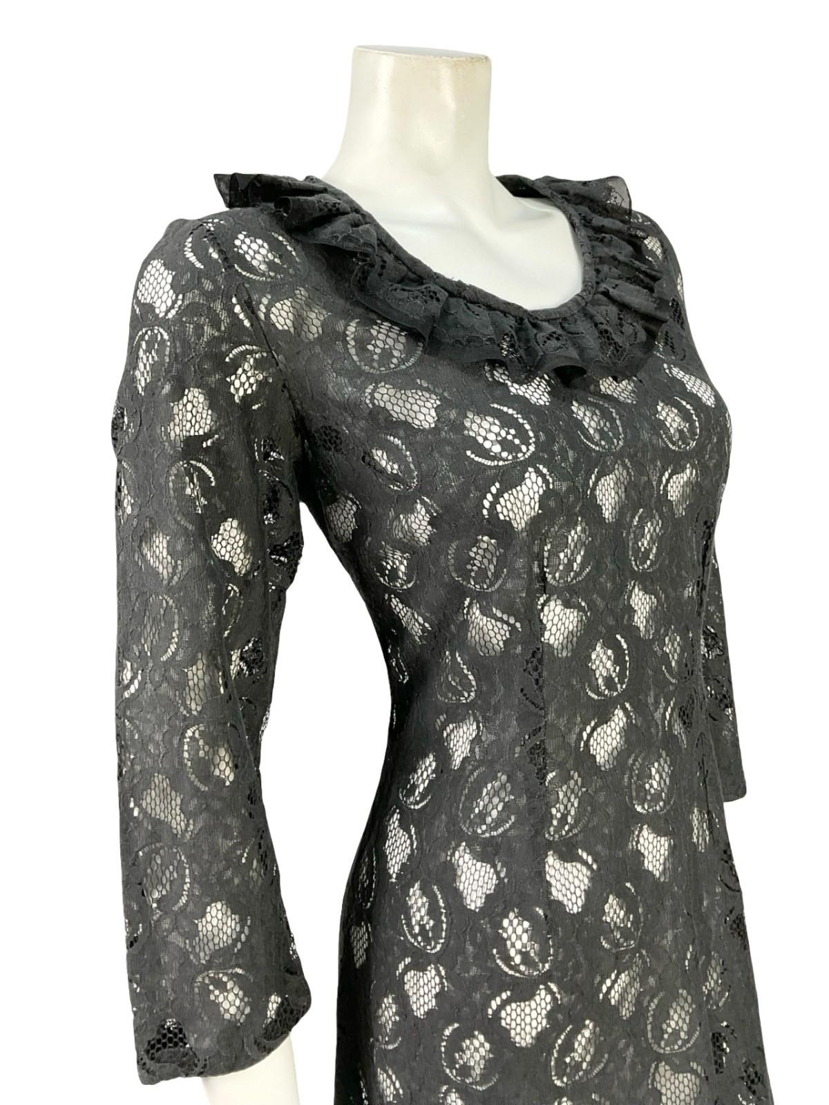 VTG 60S 70S BLACK MONOCHROME MOD RUFFLE LACE CROP SLEEVE MIDI DRESS 12