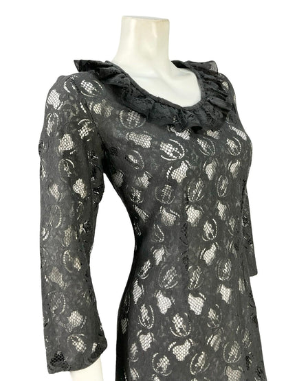 VTG 60S 70S BLACK MONOCHROME MOD RUFFLE LACE CROP SLEEVE MIDI DRESS 12