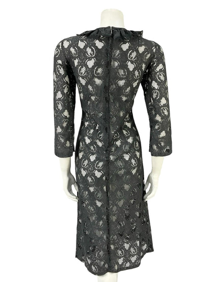 VTG 60S 70S BLACK MONOCHROME MOD RUFFLE LACE CROP SLEEVE MIDI DRESS 12