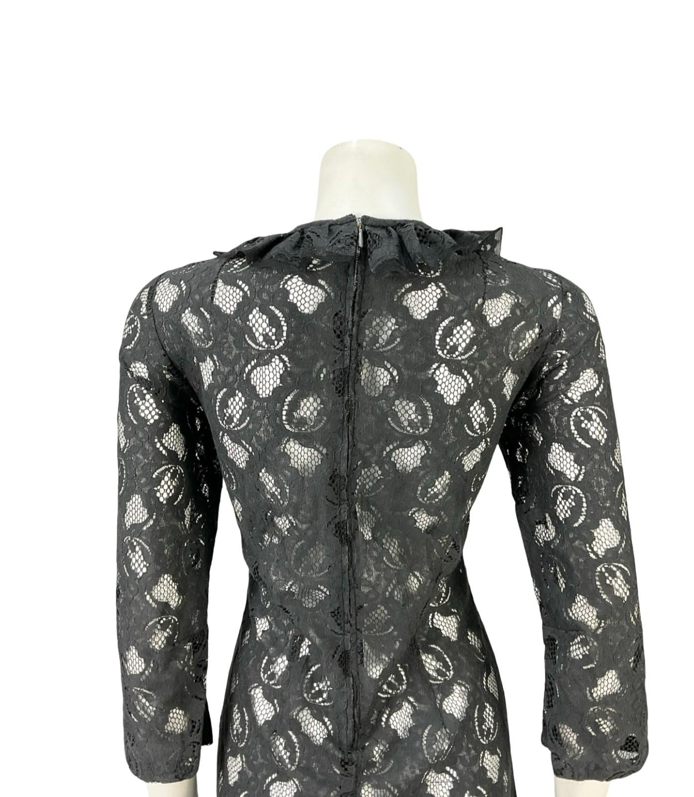 VTG 60S 70S BLACK MONOCHROME MOD RUFFLE LACE CROP SLEEVE MIDI DRESS 12