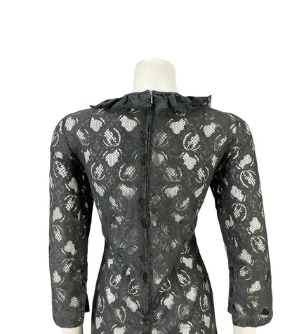 VTG 60S 70S BLACK MONOCHROME MOD RUFFLE LACE CROP SLEEVE MIDI DRESS 12