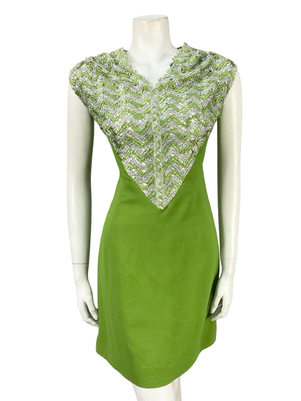 VTG 60S 70S GREEN SILVER MOD SPACE AGE CHEVRON ZIG ZAG LACE SUPER MINI DRESS 12