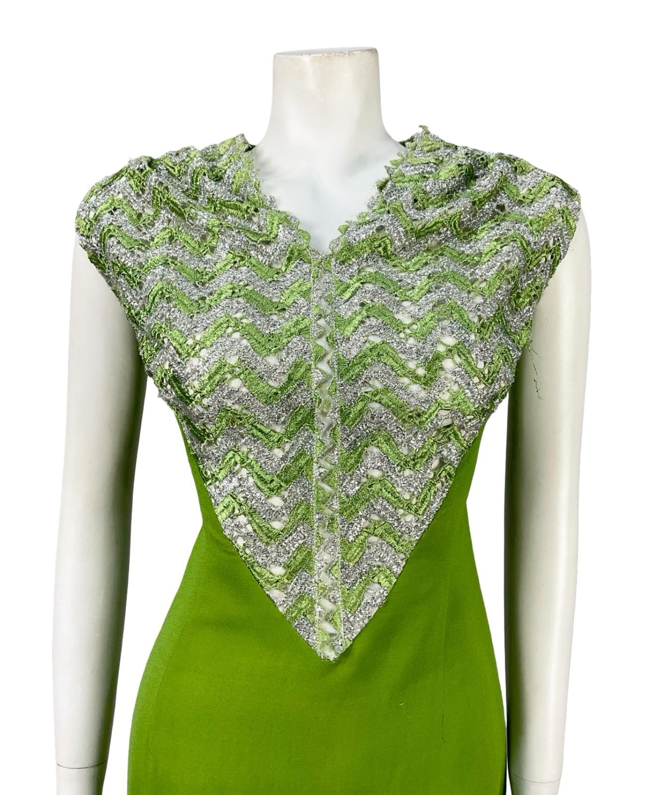 VTG 60S 70S GREEN SILVER MOD SPACE AGE CHEVRON ZIG ZAG LACE SUPER MINI DRESS 12