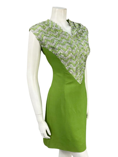 VTG 60S 70S GREEN SILVER MOD SPACE AGE CHEVRON ZIG ZAG LACE SUPER MINI DRESS 12
