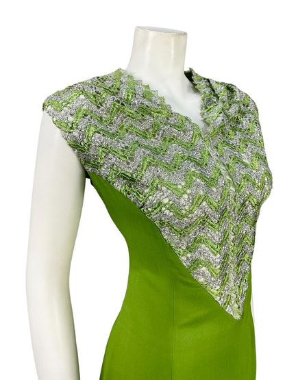 VTG 60S 70S GREEN SILVER MOD SPACE AGE CHEVRON ZIG ZAG LACE SUPER MINI DRESS 12