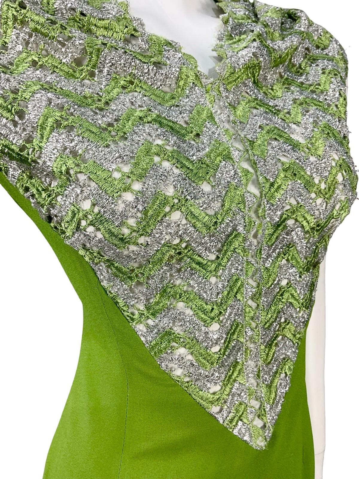 VTG 60S 70S GREEN SILVER MOD SPACE AGE CHEVRON ZIG ZAG LACE SUPER MINI DRESS 12