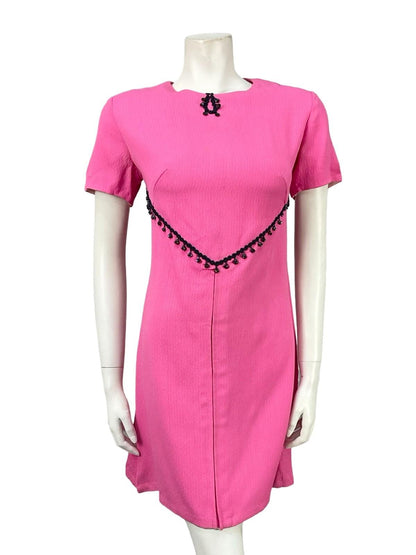 VTG 60S 70S MOD HOT PINK NAVY BLUE BEADED GOGO SHIFT PARTY MINI DRESS 10