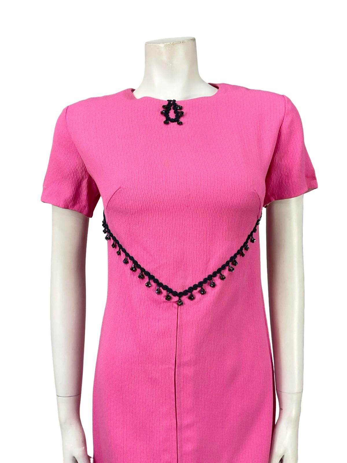 VTG 60S 70S MOD HOT PINK NAVY BLUE BEADED GOGO SHIFT PARTY MINI DRESS 10