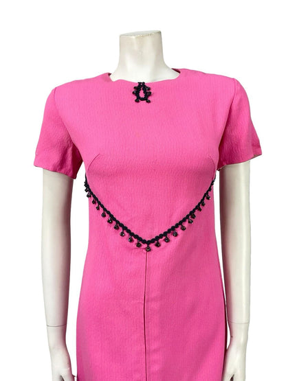 VTG 60S 70S MOD HOT PINK NAVY BLUE BEADED GOGO SHIFT PARTY MINI DRESS 10