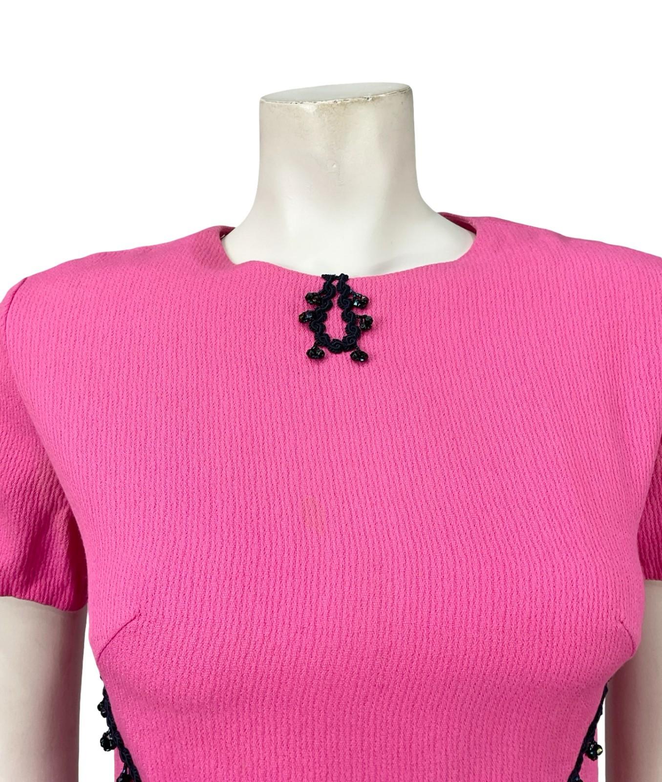 VTG 60S 70S MOD HOT PINK NAVY BLUE BEADED GOGO SHIFT PARTY MINI DRESS 10