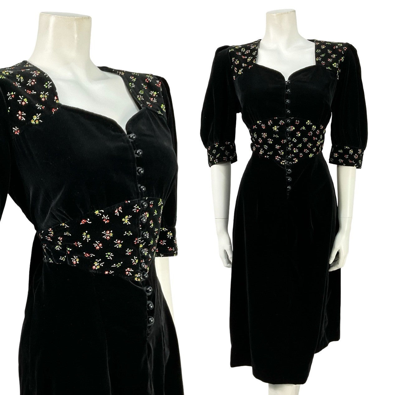 Mannequin wears a black velvet puff sleeve, sweetheart midi dress with a floral print waistband. 