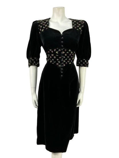 VTG 60S 70S BLACK WHITE GREEN RED VELVET FLORAL PUFF SLEEVE PRAIRIE DRESS 8 10 S