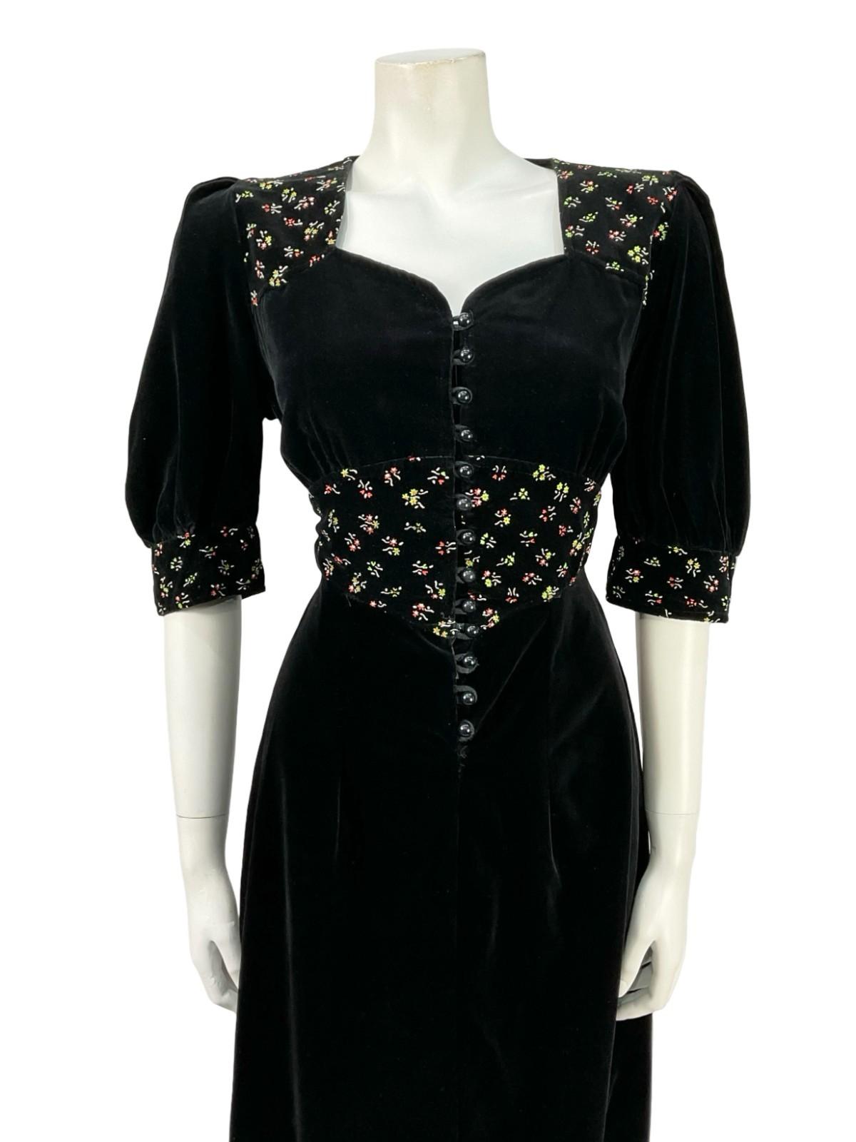 VTG 60S 70S BLACK WHITE GREEN RED VELVET FLORAL PUFF SLEEVE PRAIRIE DRESS 8 10 S