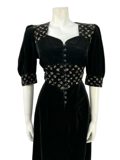 VTG 60S 70S BLACK WHITE GREEN RED VELVET FLORAL PUFF SLEEVE PRAIRIE DRESS 8 10 S