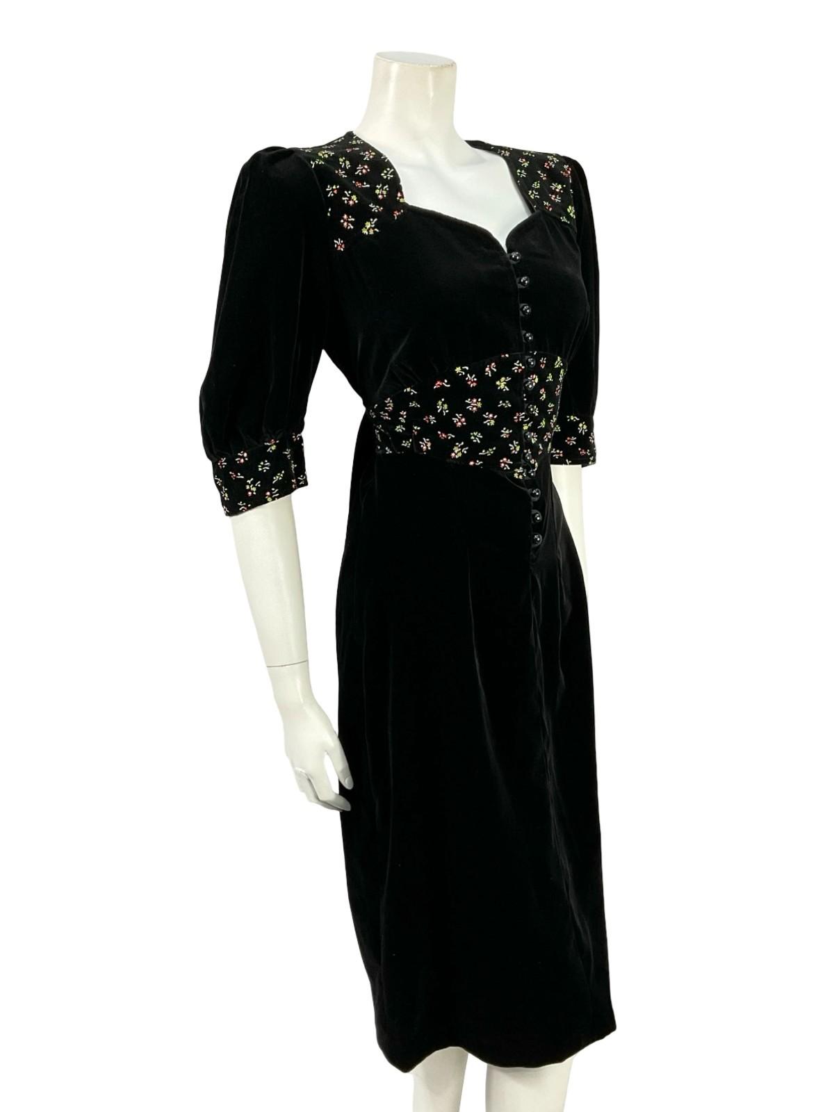 VTG 60S 70S BLACK WHITE GREEN RED VELVET FLORAL PUFF SLEEVE PRAIRIE DRESS 8 10 S