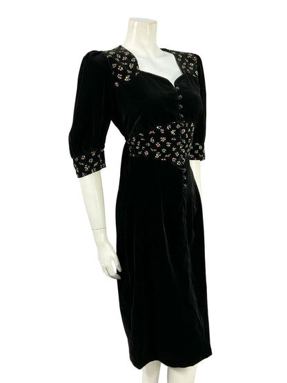 VTG 60S 70S BLACK WHITE GREEN RED VELVET FLORAL PUFF SLEEVE PRAIRIE DRESS 8 10 S