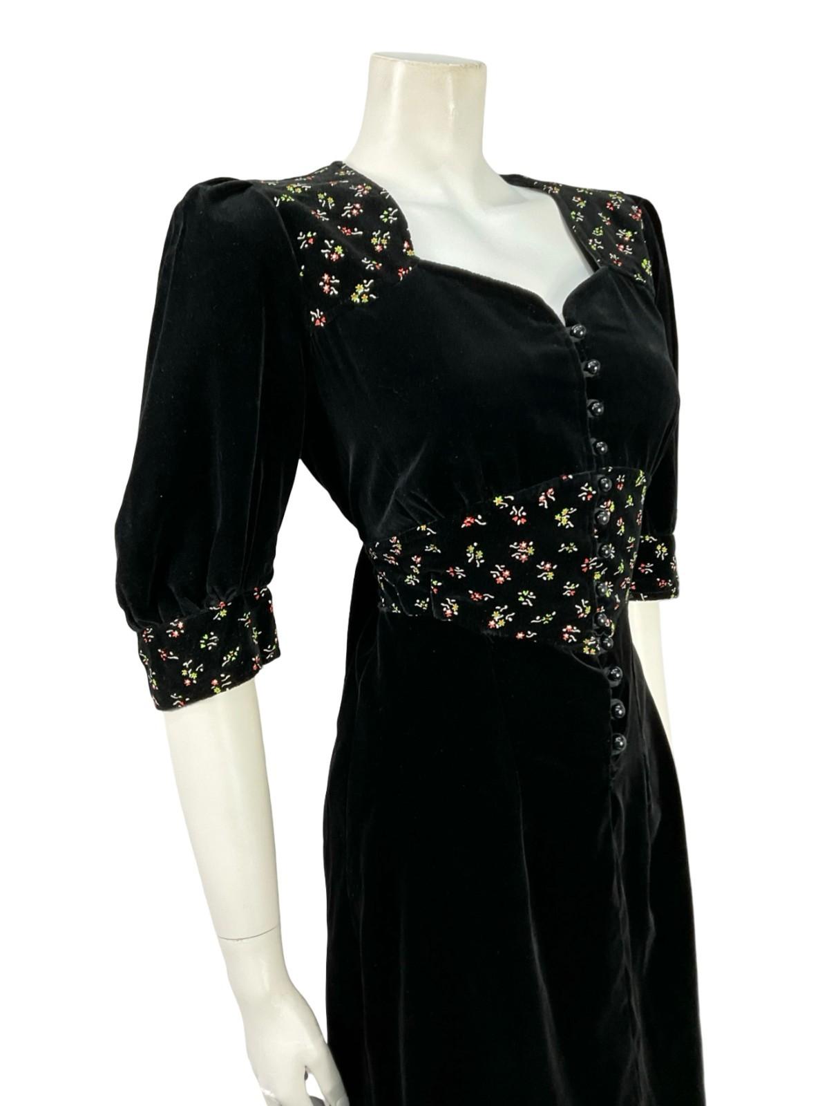 VTG 60S 70S BLACK WHITE GREEN RED VELVET FLORAL PUFF SLEEVE PRAIRIE DRESS 8 10 S