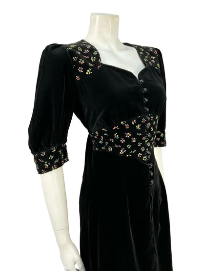 VTG 60S 70S BLACK WHITE GREEN RED VELVET FLORAL PUFF SLEEVE PRAIRIE DRESS 8 10 S