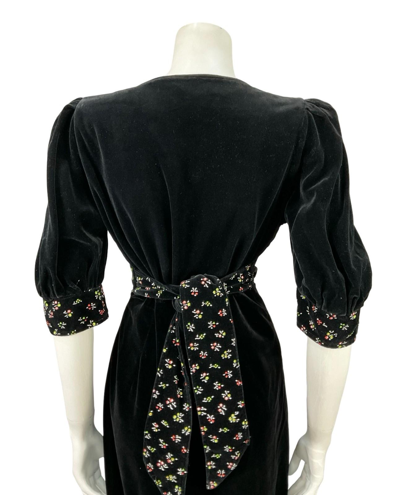 VTG 60S 70S BLACK WHITE GREEN RED VELVET FLORAL PUFF SLEEVE PRAIRIE DRESS 8 10 S