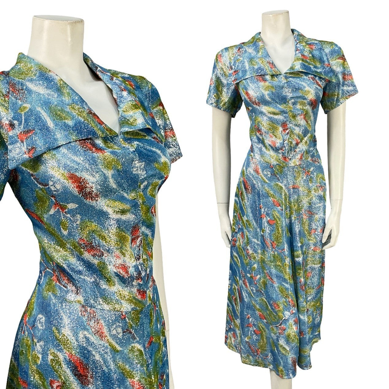 Mannequin wears a vintage 60s 70s lurex handmade shirt dress with an abstract lurex print in blue green and red. 