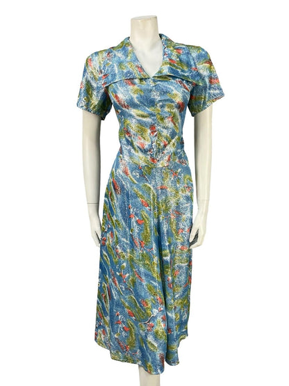 VTG 60S 70S BLUE GREEN RED ABSTRACT LUREX GLITTERY DAGGER SHIRT DRESS 14