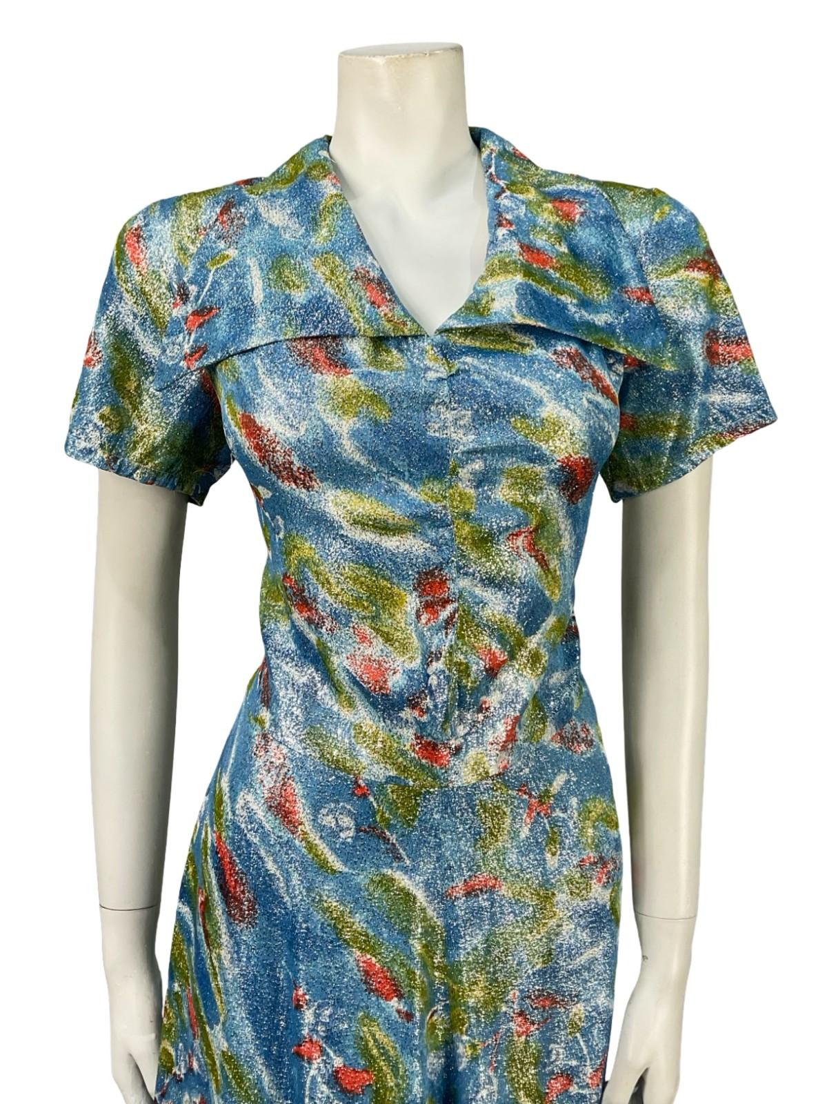 VTG 60S 70S BLUE GREEN RED ABSTRACT LUREX GLITTERY DAGGER SHIRT DRESS 14