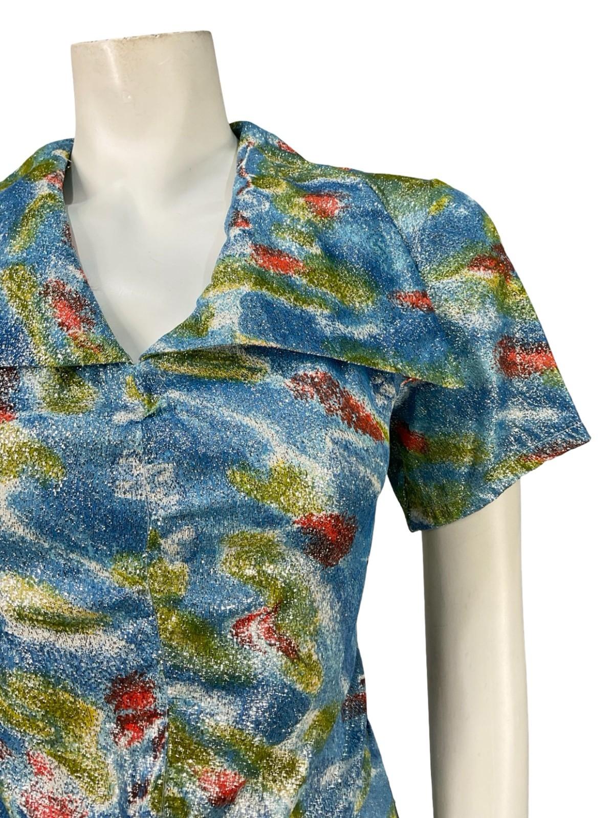 VTG 60S 70S BLUE GREEN RED ABSTRACT LUREX GLITTERY DAGGER SHIRT DRESS 14