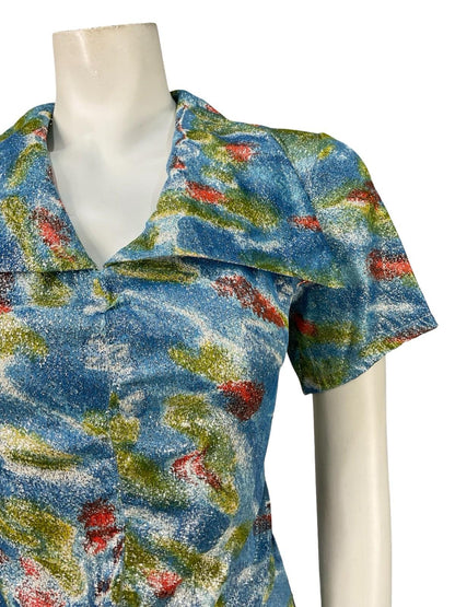 VTG 60S 70S BLUE GREEN RED ABSTRACT LUREX GLITTERY DAGGER SHIRT DRESS 14