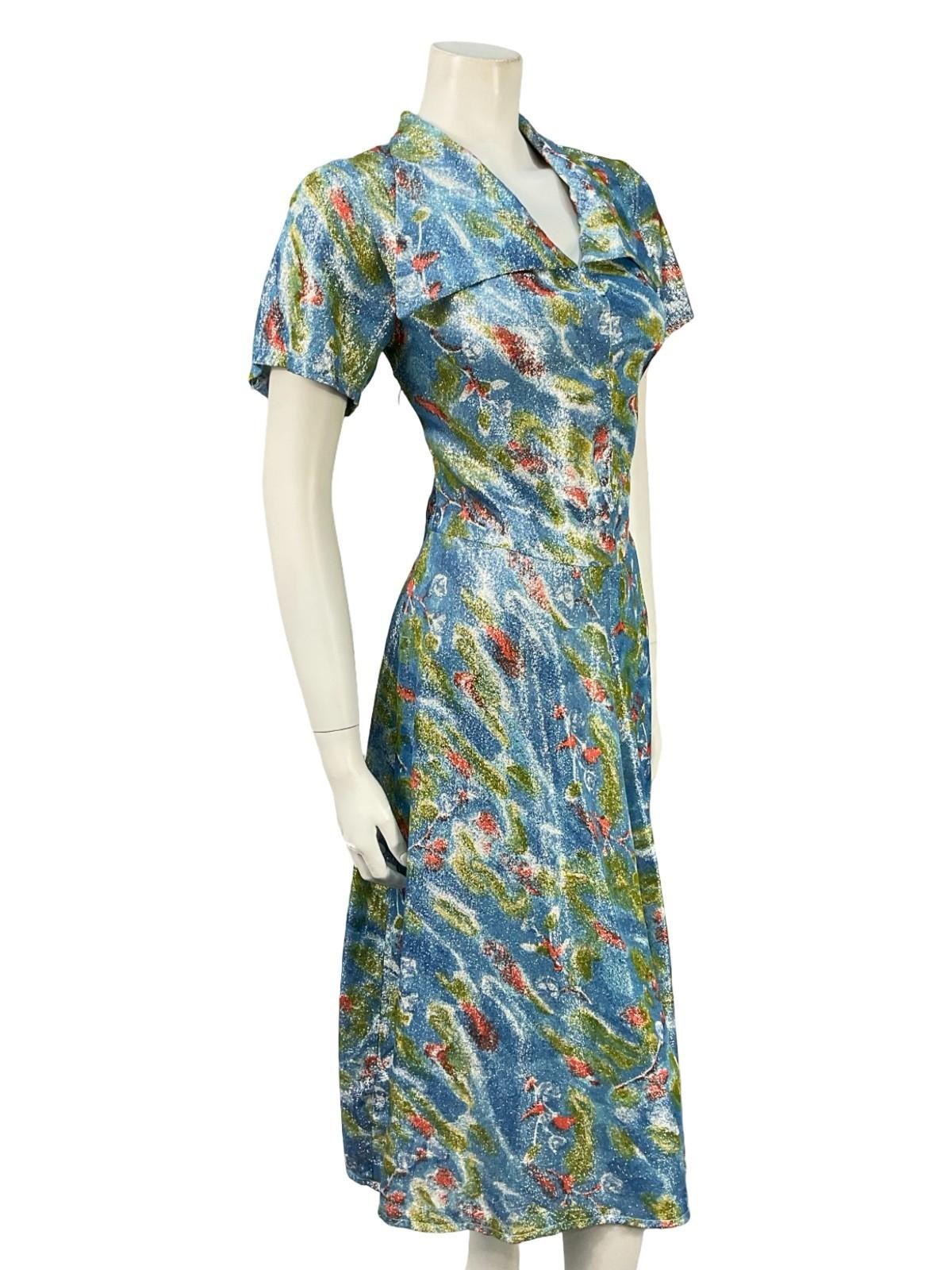 VTG 60S 70S BLUE GREEN RED ABSTRACT LUREX GLITTERY DAGGER SHIRT DRESS 14