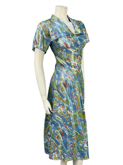 VTG 60S 70S BLUE GREEN RED ABSTRACT LUREX GLITTERY DAGGER SHIRT DRESS 14